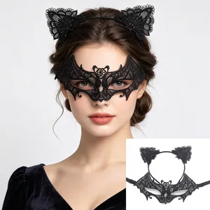 Close-up of elegant black lace bat mask and cat ear headband set for Halloween parties