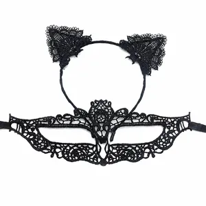 Detailed view of the black lace masquerade mask and cat-ear headband accessory set
