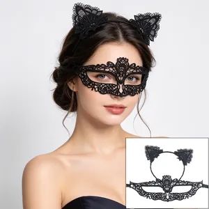 Close-up of sexy black lace cat ear headband and masquerade mask set for Halloween