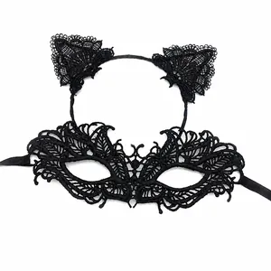 Elegant black lace cat ear headband and masquerade mask set for Halloween party details