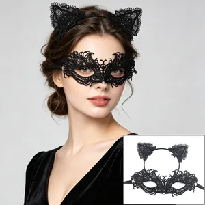 Detailed view of the elegant black lace masquerade mask and cat ear headband set for women