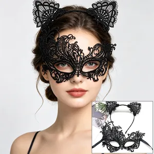 Detailed view of elegant black lace cat ear headband and half-face masquerade mask set