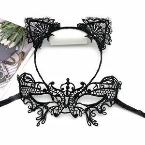 Sexy black lace cat ear headband and butterfly masquerade mask set for party costumes