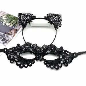 Detail view of black lace cat ear headband and masquerade mask set