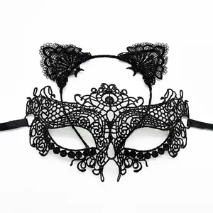 Sexy black lace masquerade mask set with cat ears headband for Halloween party costumes