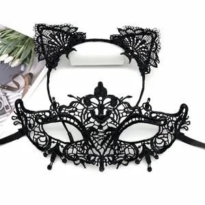 Detailed view of the black lace masquerade mask and cat ear headband set for Halloween