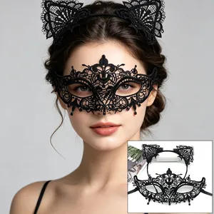 Detailed view of sexy black lace cat ear headband and half-face masquerade mask set.