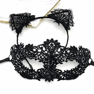 Detail view of black lace masquerade mask and cat ear headband set with measurements