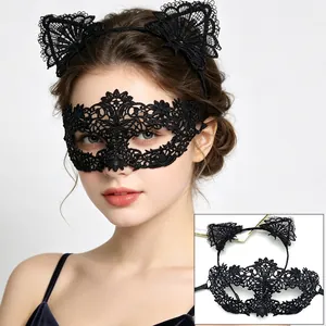 Detailed view of sexy black lace cat ear headband and masquerade mask set on model