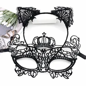 Sexy black lace masquerade mask and cat ear headband set for Halloween parties.