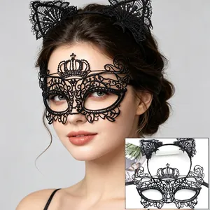 Close-up of the elegant black lace masquerade mask and matching cat ear headband set