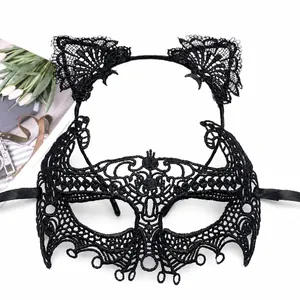 Detailed view of the intricate black lace masquerade mask and cat ear headband set