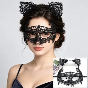 Detailed view of sexy black lace masquerade mask and cat ear headband set for parties