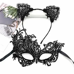 Detail view of intricate black lace masquerade mask and cat ear headband set for party