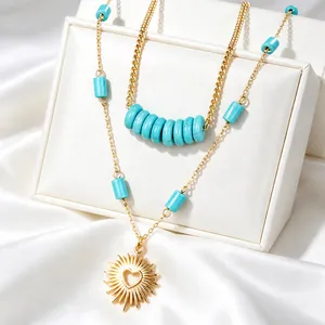 Collana a doppio strato in acciaio inossidabile placcato oro 14K retrò francese con turchese
