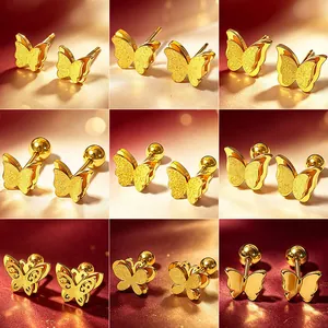 Damen Doppelschichtige Schmetterling Ohrstecker Mattierter Titanstahl Süß Elegant Minimalistisch Gold Silber Ton Schmuck Zubehör
