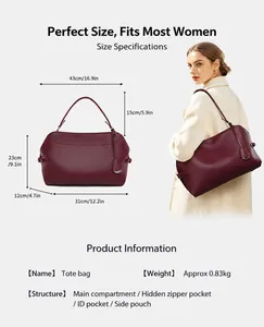 Size specifications and internal structure details for large capacity burgundy tote bag