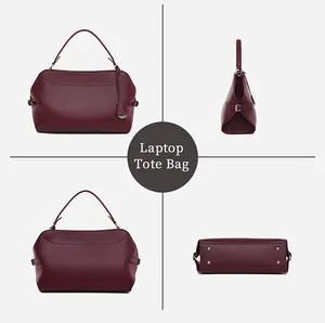 Burgundy laptop tote bag showing front, side, back and bottom view for business commute