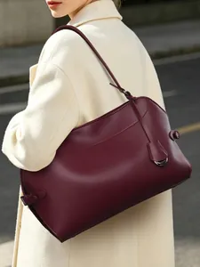 Elegant burgundy large capacity faux leather shoulder bag for women commuter tote