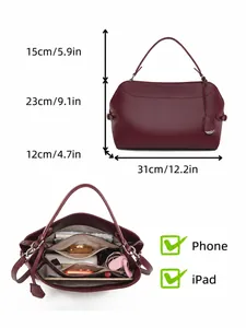 Burgundy women's handbag with dimensions and internal storage capacity overview