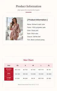 Tableau des tailles détaillé et fiche produit pour peignoir en satin rose poudré.