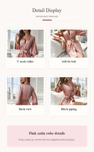 Vue détaillée d'un élégant peignoir en satin rose soulignant le col en V et les liserés noirs