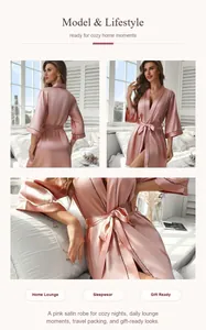 Détails professionnels d'un peignoir en satin rose pour la détente et le sommeil.