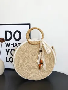 Sac À Main Rond En Paille Tissé Corde De Coton Fourre-Tout De Plage Avec Ruban En Dentelle Et Perles En Bois