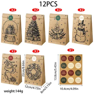 Lot de 12 sacs cadeaux de Noël en papier kraft avec autocollants festifs et dimensions