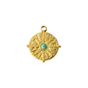 Ciondolo vintage in acciaio inossidabile placcato oro 18k con sole e pietra turchese
