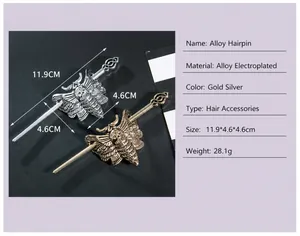 Detailed view of creative moth skull hair pins with dimensions and parameters