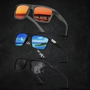 Detailed view of sports polarized sunglasses with three different scenic lens reflections.