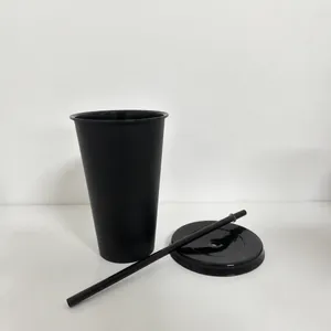 Reusable 22oz black matte plastic coffee cup with secure lid and reusable straw