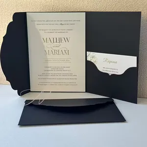 Élégant coffret d'invitations de mariage noir et crème avec bords découpés au laser