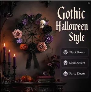 Couronne d'Halloween gothique avec roses noires et crâne pour décoration de porte