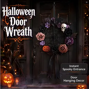 Couronne de porte d'Halloween avec crânes et roses noires pour une déco gothique