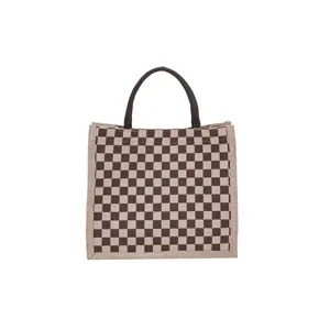 Sac fourre-tout en jute à carreaux avec une grande capacité et des poignées marron