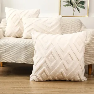 Soft plush quilted throw pillow covers with geometric diamond pattern for sofa decor.