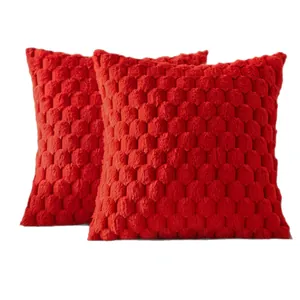 Set of two luxury red plush quilted pillow covers with honeycomb pattern for sofa