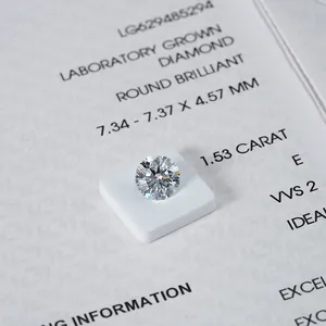 Detailed macro view of a 1.53 carat round brilliant lab-grown diamond on IGI certificate