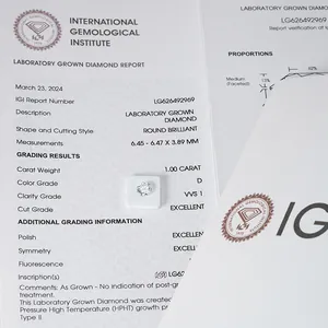 Detail view of IGI laboratory grown diamond report for 1.00 carat D VVS1 stone