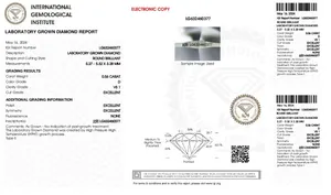 Rapporto ufficiale IGI per diamante da 0,56 carati, colore D, purezza VS1, eccellente