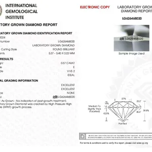 Rapporto IGI ufficiale per diamante da laboratorio HPHT da 0,57 carati taglio brillante