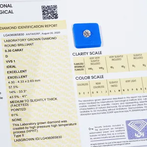 0.30ct lab-grown round brilliant cut diamond with official IGI certificate report