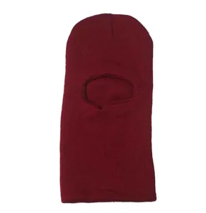 Detail view of the wine red knitted balaclava ski mask featuring a single eye hole