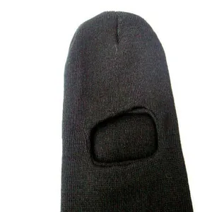 Close-up detail of a black knitted single hole balaclava ski mask for winter warmth