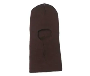 Detailed view of a dark brown knitted single-hole ski mask balaclava for winter warmth