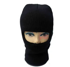 Close-up of black knitted single hole ski mask for winter outdoor warmth