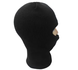 Side view detail of a black single-hole knitted balaclava ski mask for winter outdoor sports.