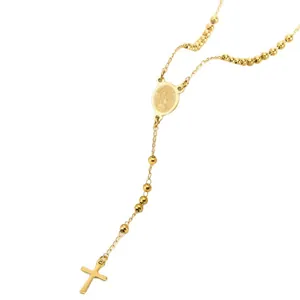 Gold stainless steel rosary necklace featuring round beads and religious cross pendant